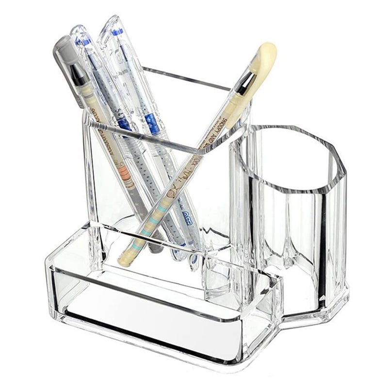 Sooyee Acrylic Desk Supplies Organizer Holder, 3 Compartments Office Desktop Caddy, Multi-function Pen Pencil Cup Phone Remote Control Stationery Storage Box for Home, School, Classroom, Clear - Image 1